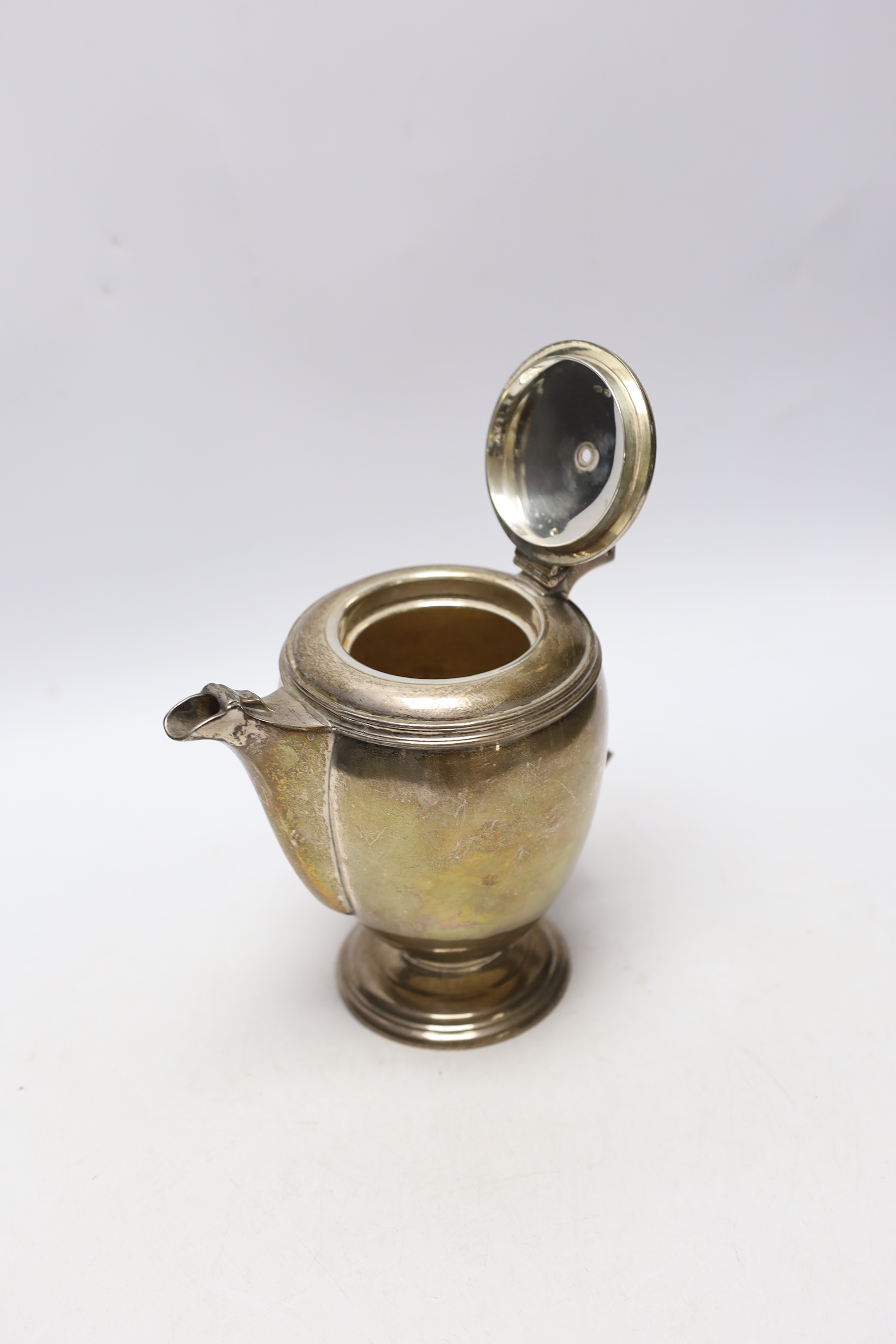 A George VI Mappin & Webb silver hot water pot, lacking handled and finial, Mappin & Webb, Sheffield, 1946, 18.1oz.